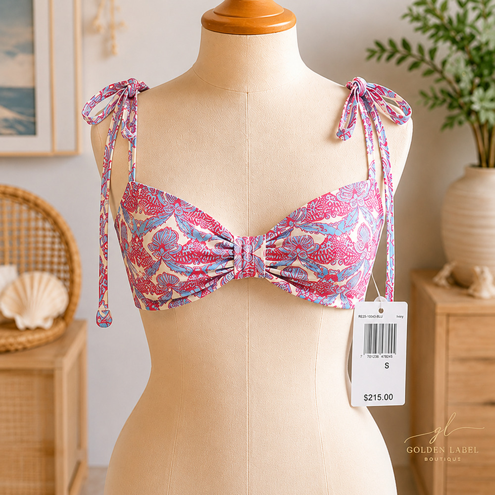 Juan de Dios San Miguel Bikini Top S Sky Blue Ivory Tie Strap NWT $215